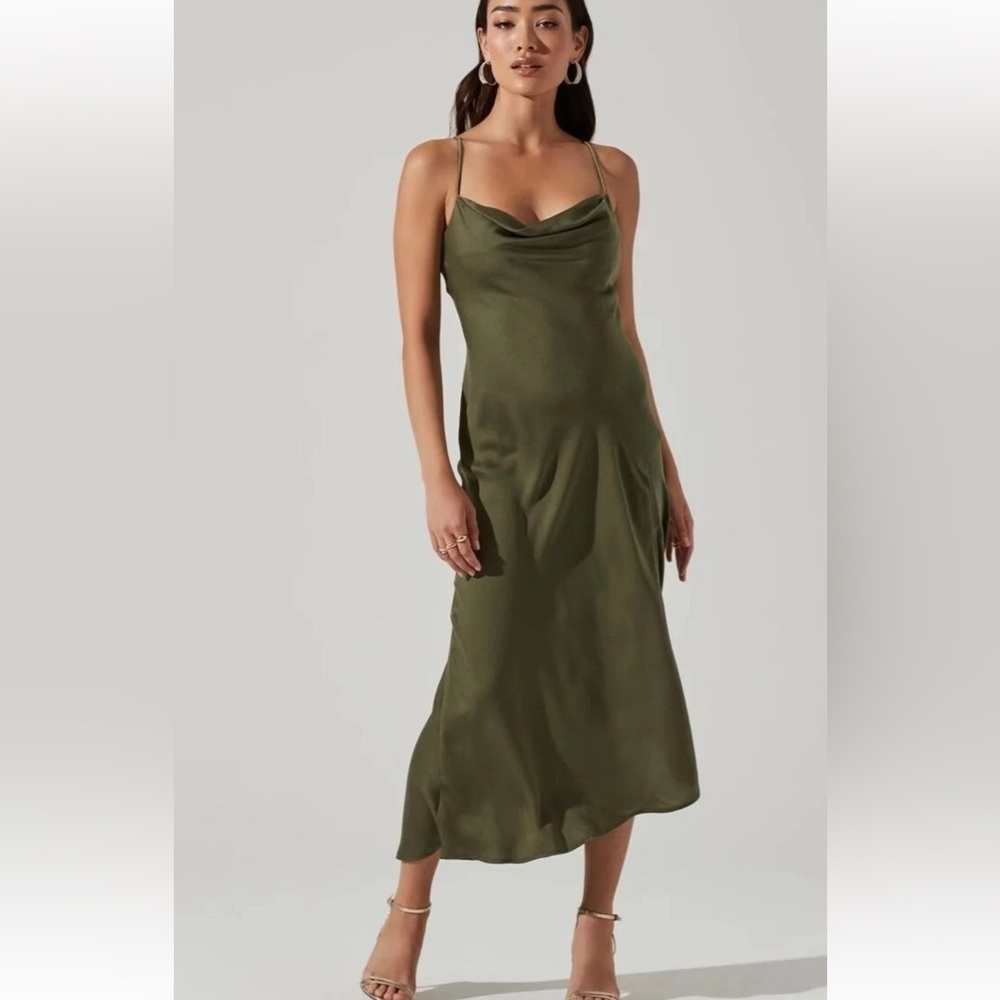 ASTR The Label Gaia Cowl Neck Satin Midi Dress Sage